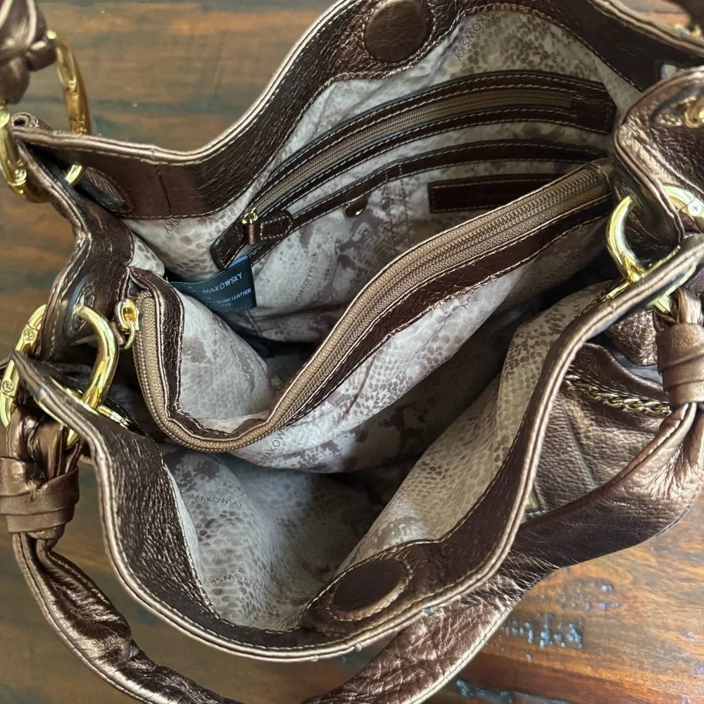 B Makowsky Copper Gold Pebbled Leather Slouchy Hobo Bag